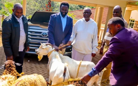 Methu checks on Oburu at home, bringing goats with him